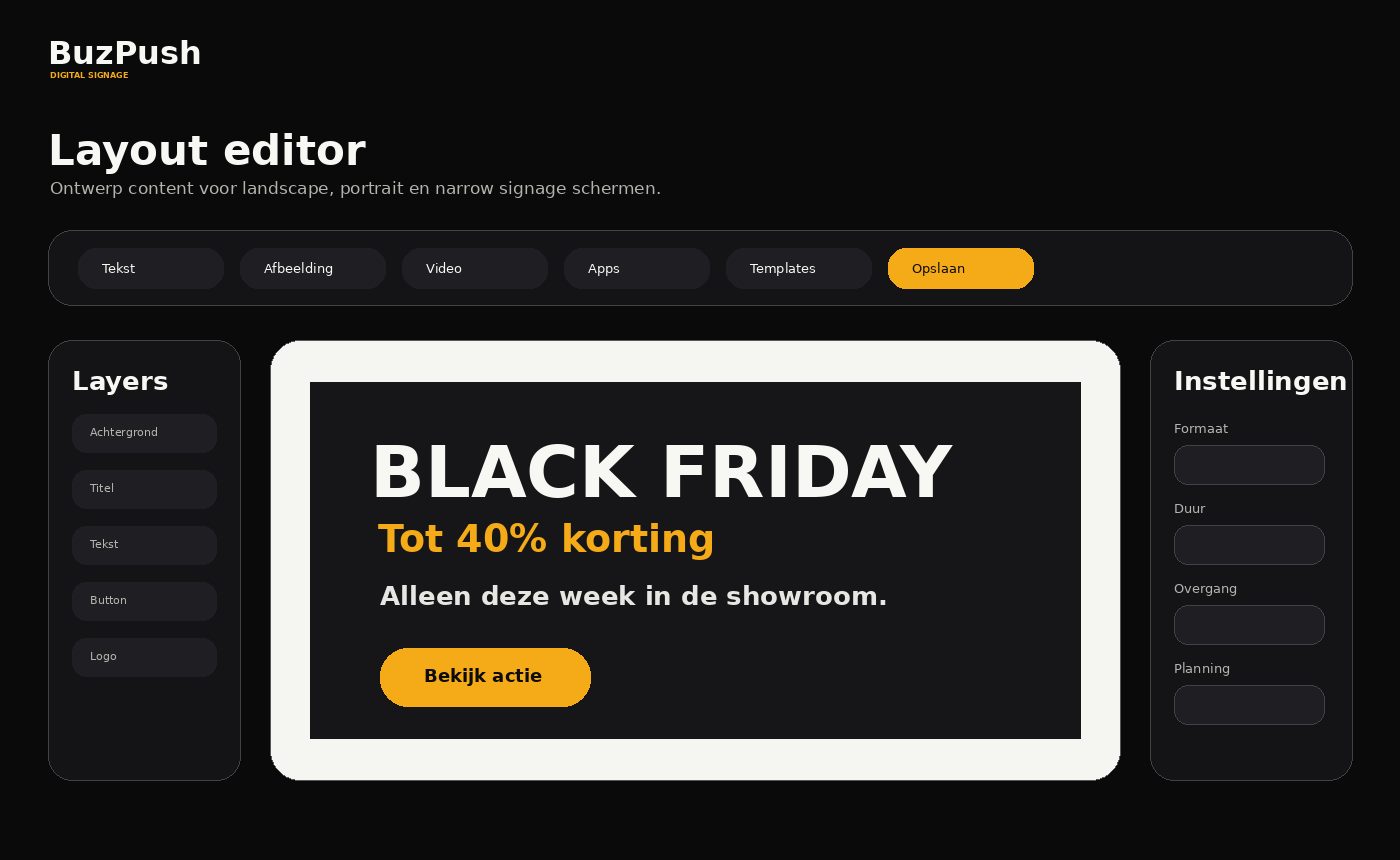 BuzPush layout editor zonder gevoelige gegevens