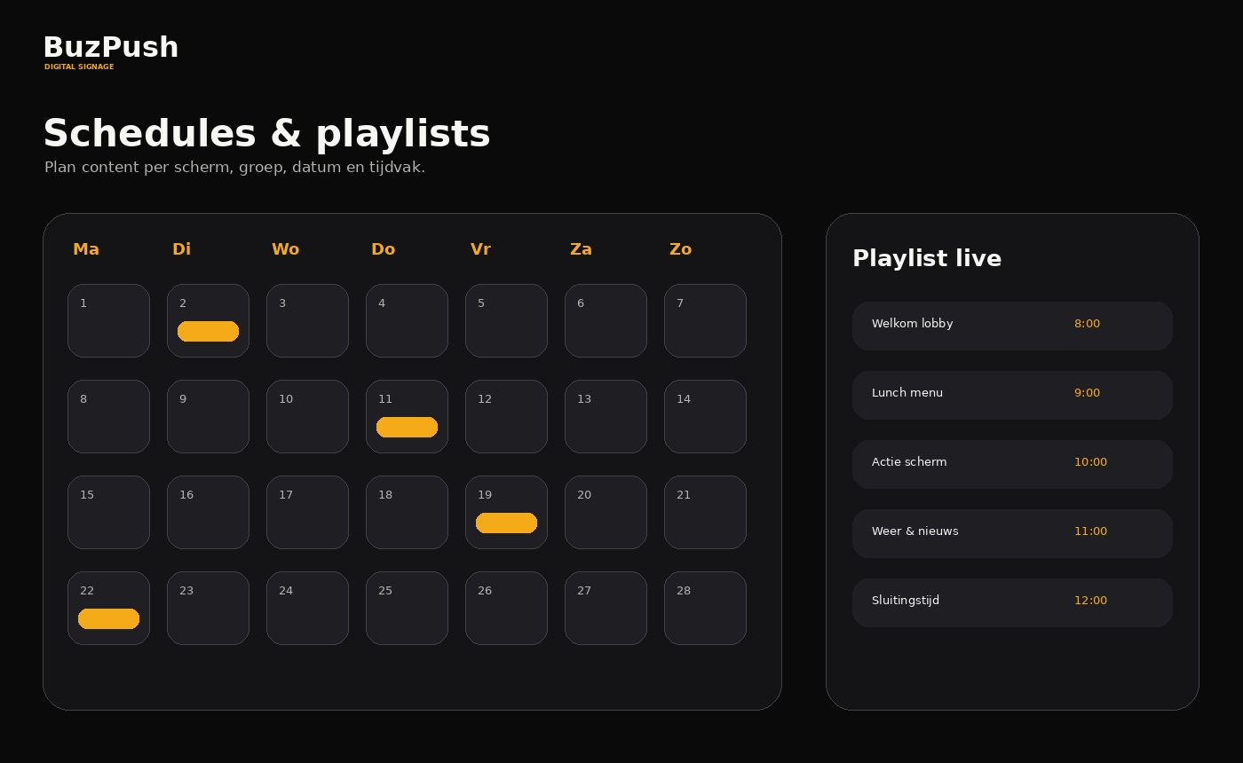 BuzPush planning en playlists zonder gevoelige gegevens