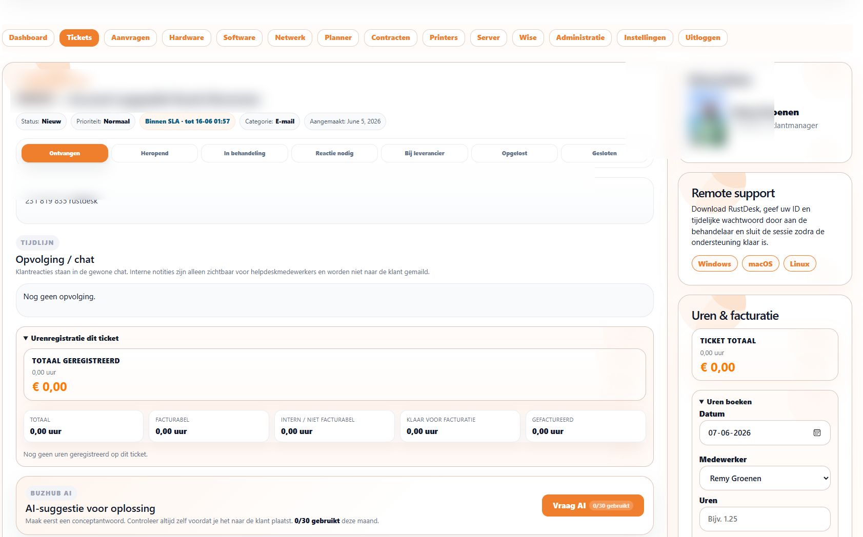 BuzHub ITSM ticketdetail met afgeschermde gegevens